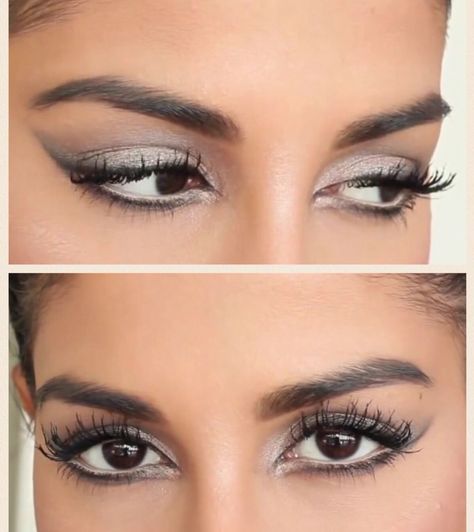 Grey Cat Eye Makeup, White And Grey Eyeshadow, Silver Eyeshadow Brown Eyes, Gray Eyeshadow Looks, Grey Eyeshadow Looks, Quinceanera Inspiration, Tomboy Makeup, Silver Eyeshadow Looks, Farah Dhukai