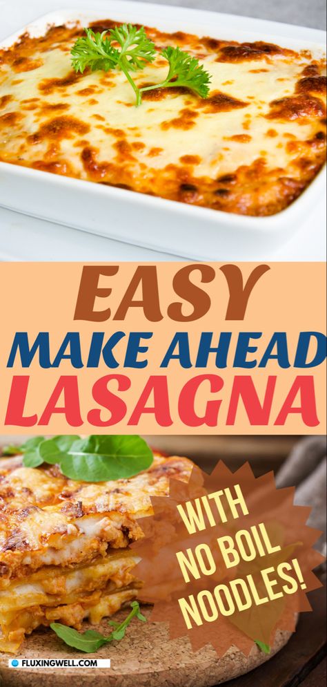 Easy Make Ahead Lasagna with No Boil Noodles on a tray and plate Oven Ready Noodle Lasagna Recipe, Lasagna With No Boil Noodles Recipe, Lasagna Recipe No Cook Noodles, Lasagna No Boil Noodles Recipe, Crockpot Lasagna With Oven Ready Noodles, How Long To Cook Lasagna With Oven Ready Noodles, No Bake Noodle Lasagna Recipe, No Bake Noodle Lasagna, Make Ahead Lasagna With No Boil Noodles