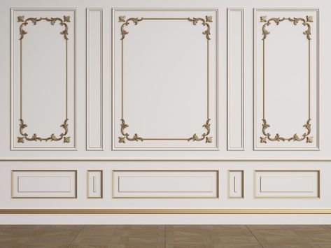 Premium Photo | Classic interior wall with mouldings Floor Parquet, Parquet Herringbone, Photo Classic, French Walls, Wall Molding, Vintage Room, Classic Interior, Interior Wall, 3d Rendering