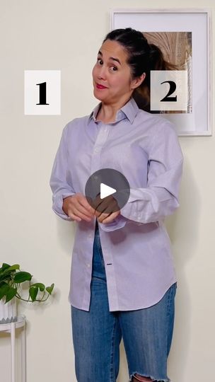 13K views · 243 reactions | Ingenious techniques for styling your classic button-up shirts! 👔🫰🏼 | Ingenious techniques for styling your classic button-up shirts! 👔🫰🏼  Five valuable styling hacks that are absolute essentials and will elevate your... | By Annie Lynn | This vintage shirt has such a great pattern but a not so great fit. With a little styling, it could be a fun piece in your wardrobe. Start with your shirt fully unbuttoned then fold the collar inward and smooth it out. Take the two sides and cross them over tightly making sure the buttons and button holes are folded under. Tuck each side into your jeans. Finally, fold up those sleeves until it's just below the elbow and you have a very cool top that even your mom will love. Say goodbye to those bulky messy tucks. Start by How To Cross Tuck Button Down Shirt, How To Fold Button Up Shirts Sleeves, How To Tuck In Button Down Shirt Women, Cross Tuck Button Down Shirt, How To Gather Front Of Shirt, Button Up Collared Shirt Outfit, Style Oversized Button Up, Blouse Too Big Hacks, Button Up Hacks