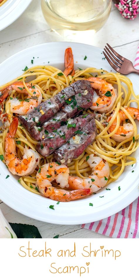 Steak and Shrimp Scampi Surf And Turf Pasta Recipes, Shrimp And Beef Recipes, Steak And Shrimp Pasta, Steak And Shrimp Scampi, Surf And Turf Pasta, Surf And Turf Dinner, Red Lobsters, Scampi Pasta, The Perfect Steak