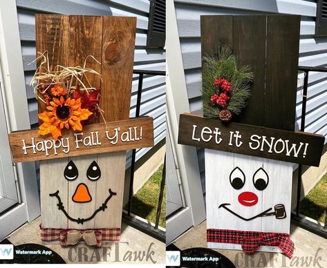 CRAFTawk on Instagram: “This cutie patootie is done and ready for Fall!! Our new REVERSIBLE porch sign is 3 feet tall! This is 1 sign guys! Double sided! Two…” Porch Holiday Signs, Reversible Thanksgiving Christmas Sign, Fall Wooden Outdoor Decor, Double Sided Signs Diy, Double Sided Fall Christmas Sign, Scarecrow Snowman Reversible Diy, Reversible Fall And Christmas Decor, Diy Reversible Holiday Porch Signs, Fall And Christmas Reversible Sign