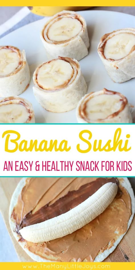 After school snacks are essential at our house. This quick and easy, protein-rich banana sushi is a favorite healthy snack your little monkeys will love! Healthy Snack For Kids, Banana Sushi, Snack Sani, Dessert Sushi, Easy Protein, Snack For Kids, Salad Pasta, Good Healthy Snacks, Healthy Snacks Easy