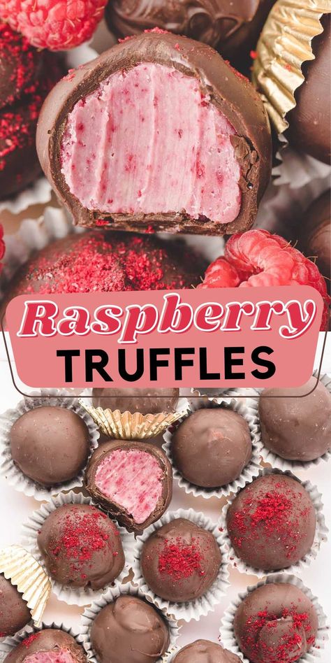 Raspberry Truffles Raspberry Truffles Easy, Dark Chocolate Raspberry Truffles, Chocolate Covered Balls, Raspberry Cheesecake Truffles, Fillings For Chocolates, Frozen Raspberry Recipes, Raspberry Truffles Recipe, Raspberry Chocolate Recipes, Raspberry Balls