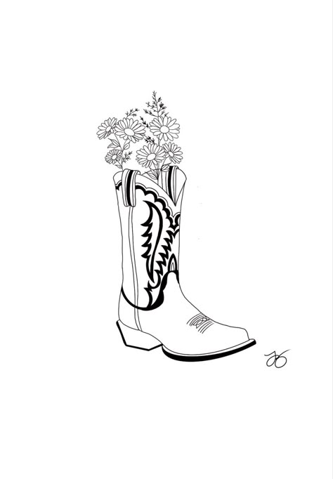 Cowboy Boot Sketch Simple, Cowboy Boot Tattoo Outline, Cowboy Boot Sketch, Cowboy Boot With Flowers Tattoo, Cowboy Boot Outline, Cowboy Boots Tattoo, Cowboy Boots Drawing, Cowboy Boot Tattoo, New Beginning Tattoo