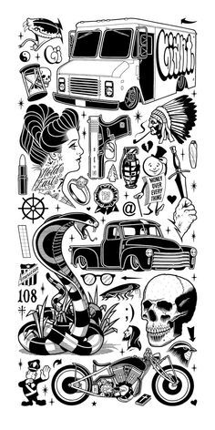 POSTERS | Mike Giant.com Giant Tattoo, Mike Giant, Tattoo Flash Sheet, Doodle Tattoo, Car Tattoos, Geniale Tattoos, Old School Tattoo Designs, Giant Art, Tattoo Flash Art