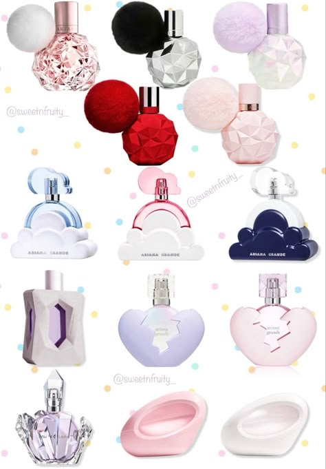 All Ariana Grande Perfumes, Ariana Grande New Perfume, Ariana Grande Perfumes, Celebrity Merch, Pink Hello Kitty Wallpaper Iphone, Perfume Hacks, Ariana Grande Anime, Ariana Perfume, Ariana Grande Fragrance