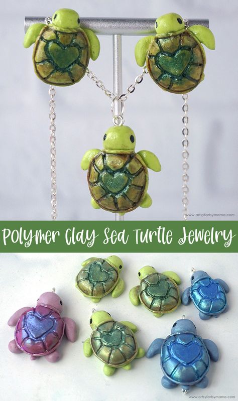 Polymer Clay Sea Turtle Jewelry #claycrafts #sculpey #polymerclay #diyjewelry #seaturtles #claysculpting #diyearrings #diynecklace #clayjewelry Clay Turtles, Polymer Clay Turtle, Black Ceramic Tiles, Clay Turtle, Sea Turtle Jewelry, Charm Ideas, Turtle Keychain, Turtley Awesome, Turtle Jewelry