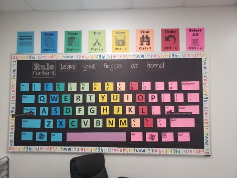 Giant Keyboard bulletin board made from Dollar Tree foam board and colored cardstock Computer Keyboard Bulletin Boards, Computer Class Bulletin Boards, Elementary Computer Classroom Decor, Keyboard Bulletin Board, Classroom Sign Language, School Computer Lab Design, Computer Classroom Decor, Technology Classroom Decor, Computer Lab Bulletin Board Ideas