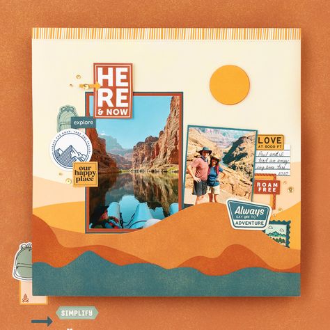 Vacation Scrapbook Ideas, Camping Scrapbook, Travel Scrapbook Pages, Ctmh Layouts, Meaningful Artwork, Vacation Scrapbook, Scrap Page, Birthday Stamps, Road Trip Adventure