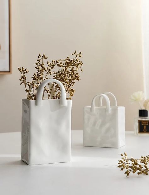 White Ceramic Bag-Shaped Multipurpose Holder | The Other Aesthetic Handbag Vase, Boho Contemporary, White Handbag, Mini Vase, Living Room Decoration, Vase Set, Single Flower, Ceramic Flowers, Modern Floral