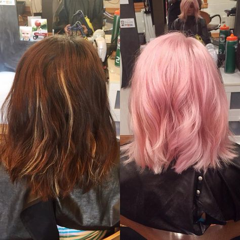 Pink in a day by @whitdavishair. 3 bleach applications: 1st- blondme, and 20 vol on roots, 30 vol on midshaft and ends. 2nd- 30 vol midshaft and ends. 3rd- 30 vol bleach bath midshaft and ends. All with 1/4 oz olaplex no 1. Toner. Equal parts matrix SSH-v and SSH - a with 10 vol 20 minutes. Spot treated areas with matrix ULA - and 20 vol. Pink 2 applications: 1st- pravana pink diluted with Kendra white. 2nd- Pravana pastels pretty in pink and pravana pink. Hairstyles Quick, Pink Hair Dye, Hair Light, She Did It, Dye Hair, Spring Hair Color, Shoulder Hair, Hair Color Pink, Hair Makeover