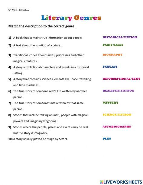 Literature Worksheets High School, Story Elements Worksheet, Genre Activities, Literary Genres, English Grammar Exercises, Grammar Exercises, Study English, Literary Genre, Realistic Fiction