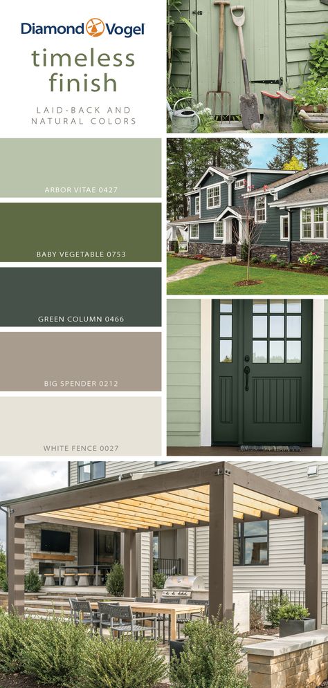 As we look forward to warmer weather and sharing time outdoors with friends and family, this month marks an ideal opportunity to reinvent our front and back yards. Classic and timeless, this palette of laid-back and natural colors has been designed to inspire you to truly make the most of your outdoor space. What Color Compliments Green, Outdoor House Paint Colors, Outdoor House Paint, Back Yards, Laundry Room Remodel, Green Color Schemes, Palette Inspiration, Paint Color Palettes, Room Remodel