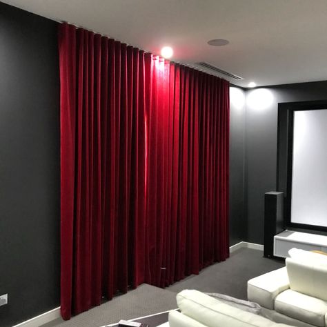 Curtains on side walls? | AVS Forum Theater Curtains, Home Theater Curtains, Floor To Ceiling Curtains, Theatre Curtains, Fabric Covered Walls, Theater Room Design, Stage Curtains, Ceiling Curtains, Home Cinema Room