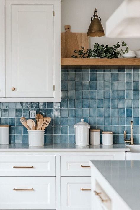 blue tiles backsplash farmhouse kitchen Kitchen Ideas Blue Walls, Kitchen Tiles With White Cabinets, Navy Blue Kitchen Backsplash, White Kitchen Blue Tiles, Blue White Kitchen Ideas, Colorful Subway Tile Backsplash, White Kitchen Blue Backsplash, Blue Subway Tile Kitchen, Blue Kitchen Tile Backsplash