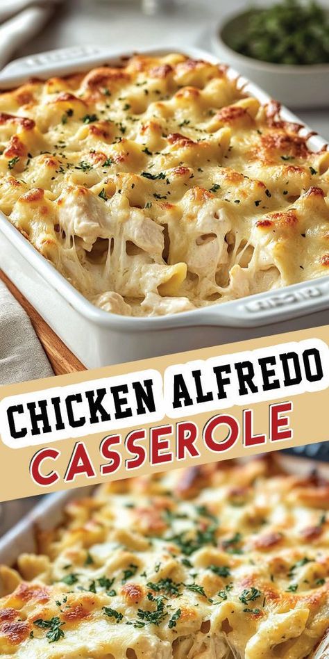 Chicken Alfredo Casserole Ingredients: 3 cups cooked chicken, shredded 12 oz pasta (penne or rotini works well) 2 cups Alfredo sauce (store-bought or homemade) 1 1/2 cups mozzarella cheese, shredded 1/2 cup Parmesan cheese, grated 1/2 cup heavy cream 2 tablespoons unsalted butter 1/2 teaspoon garlic powder 1/2 teaspoon onion powder Salt and pepper to taste 1 tablespoon chopped fresh parsley (optional, for garnish) #Chicken #Alfredo #Quickrecipe Chicken Breast Alfredo Recipes, Chicken Breast Casserole, Alfredo Casserole, Baked Chicken Alfredo Pasta, Chicken Alfredo Casserole, Chicken Boneless Breast Recipes, Alfredo Sauce Recipe Homemade, Chicken Alfredo Bake, Chicken Alfredo Recipes