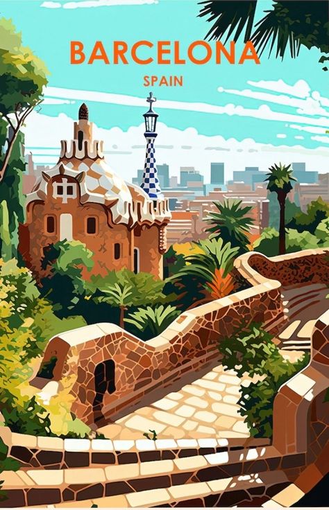 Travel Poster Aesthetic, Vintage Travel Posters Art Deco, Spain Illustration, Barcelona Travel Poster, Spain Poster, Postal Vintage, Travel Poster Design, Retro Travel Poster, Barcelona Travel