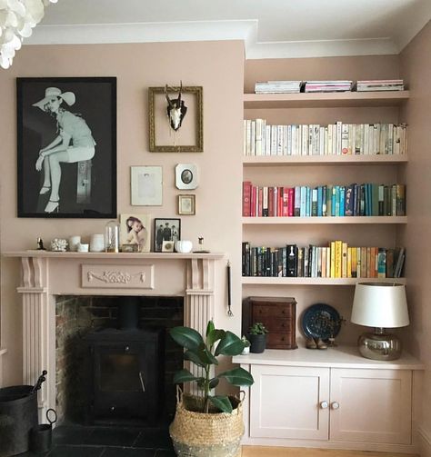 White Alcove Shelving, Victorian Terrace House Living Room, Terrace House Living Room, Setting Plaster, Alcove Ideas Living Room, Wood Burning Stoves Living Room, Alcove Shelves, Scandi Living Room, Alcove Shelving