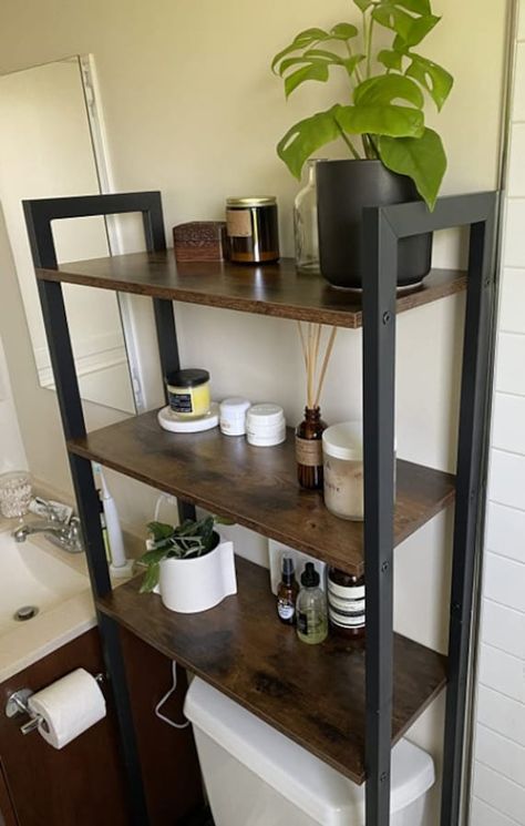 Bathroom Standing Shelf Bohemian, Wood And Metal Bathroom Shelf, Iron And Wood Shelves Bathroom, Behind Toilet Storage, Small Bathroom Industrial Shelf, Towel Rack Bathroom Standing Shelves, Over Toilet Storage, Bathroom Space Saver, Space Saving Desk