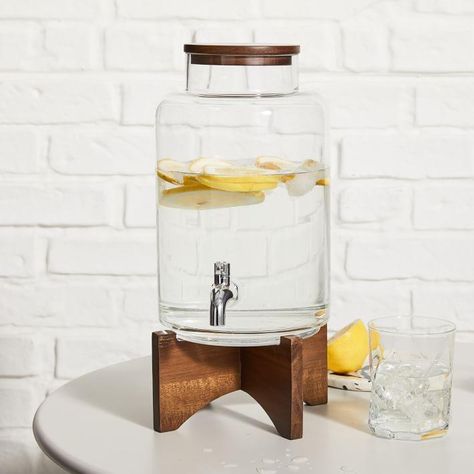 Pure Glass Wood Base Drink Dispenser Spa Water Dispenser, Drink Dispensers Wedding, Cute Water Dispenser, Water Dispenser Ideas Kitchens, Water Dispenser Stand, Glass Water Dispenser, Glass Drink Dispenser, Water Glass Set, Pitcher Drinks