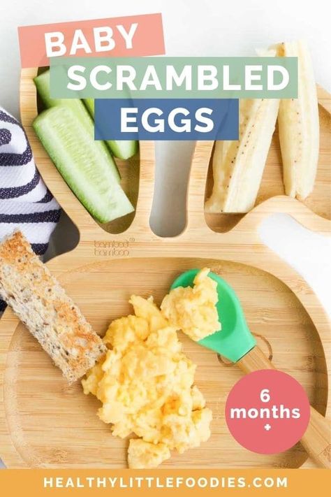 Learn how to cook scrambled eggs for babies with top tips on how to make them fully cooked but soft and fluffy, not dried and brown. Includes information on when to serve eggs to babies, the nutritional benefits and serving suggestions. Egg Recipe For Baby, How To Serve Eggs To 6 Month Old, Scrambled Eggs For Baby, Eggs For Baby 6 Months, Blw Eggs, Scrambled Eggs Healthy, Baby Solids, Solid Starts, Easy Scrambled Eggs