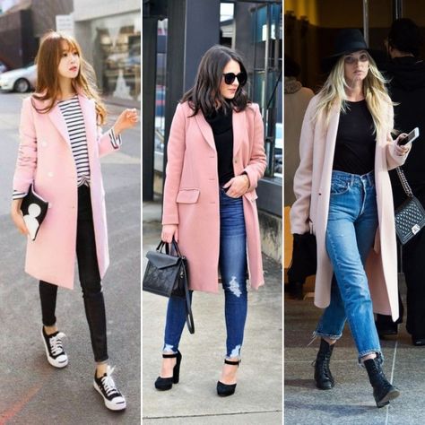 Blush Coat Outfit Winter, Light Pink Overcoat Outfit, Pastel Pink Coat Outfits, Blush Pink Coat Outfit Winter, Pink Dress Jacket Outfit, Dusty Pink Coat Outfit, Wool Coat Pink, Rose Gold Jacket Outfit, Pink Pea Coat Outfit