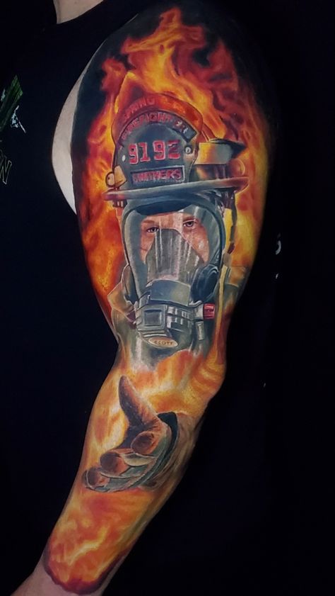 Fire Truck Tattoo Ideas, Burning Building Tattoo, Firefighters Tattoos, Fire Department Tattoos, Firefighter Tattoo Sleeve, Fireman Tattoo, Jason Tattoo, Firefighter Tattoos, Police Tattoo