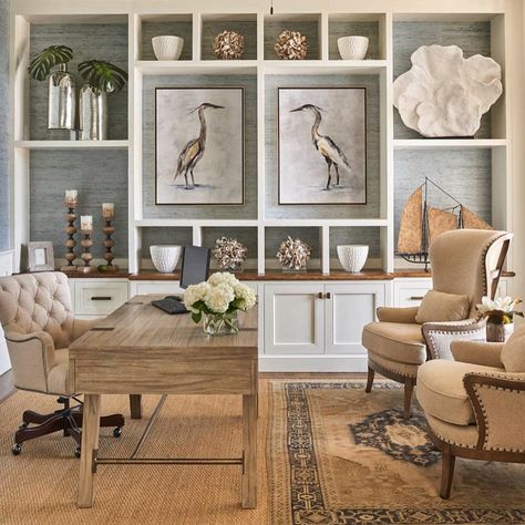 When your clients don't like books in bookcases you fill them with art and special curated collections. Today's design share from… Minimalist Decorating, Coastal Decorating Living Room, Coastal Living Rooms, Beach House Interior, Coastal Living Room, Design Office, Transitional Decor, A Living Room, Ideas For