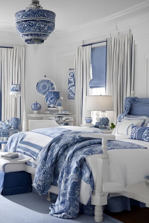 Blue And White Bedroom Ideas, Blue And White Bedroom, Blue White Bedroom, White Bedroom Ideas, Country Bedroom Decor, Royal Room, Blue And White Living Room, Inviting Bedroom, Bedroom Sanctuary