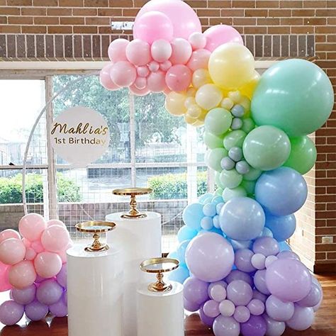 Candy Balloons Decorations, Pastel Rainbow Garland, Macaron Balloon Decoration, Pastel Colour Balloon Decor, Pastel Rainbow Balloon Decorations, Balloon Arch Pastel Colors, Balloon Garland Rainbow, Pastel Color Balloon Garland, Rainbow Balloon Decorations For Birthday