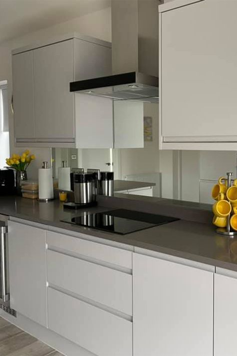 kitchen splashback in silver toughened mirror glass Kitchen Splashback Ideas Glass, Mirror Splashback Kitchen, Splashbacks For Kitchens, Splashback Kitchen, Glass Splashbacks, Tinted Mirror, Mirror Backsplash, Kitchen Splashbacks, Glass Backsplash