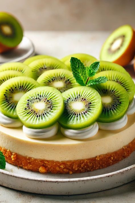 No-Bake Kiwi Cheesecake Recipe is a refreshing dessert made with creamy layers of kiwi puree, tangy cheesecake filling, and a crunchy crust this no-bake treat Kiwi Cheesecake Recipes, Kiwi Recipes Dessert, Kiwi Fruit Cake, Kiwi Puree, Kiwi Cheesecake, Kiwi Dessert, Kiwi Recipes, Tart Dessert, Cheesecake Filling