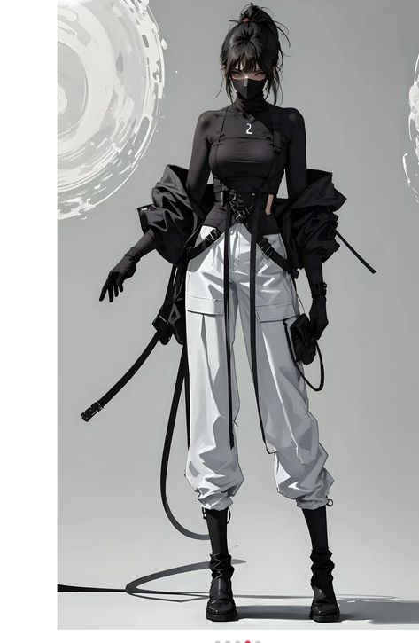 Future Cyberpunk Fashion, Tech Clothes Drawing, White Tactical Outfit, Cyberpunk Outfit Concept Art, Modern Warrior Woman Outfit, Scifi Fashion Cyberpunk, Modern Rogue Outfit, Black Cyberpunk Outfit, Cyberpunk Female Outfit