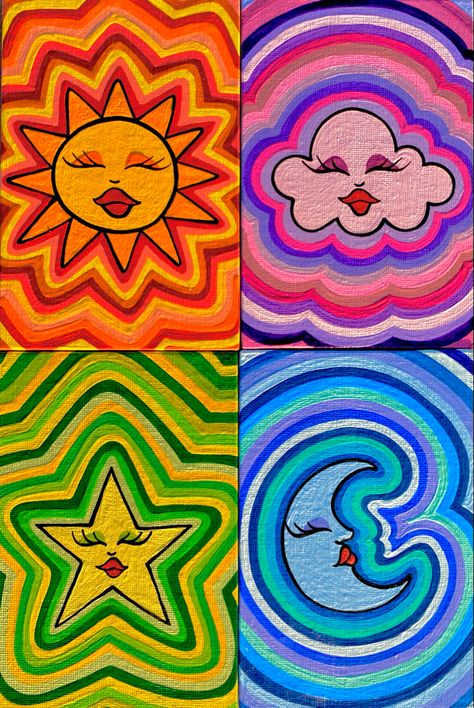 Trippy Drawing Ideas Colorful, Small Bedroom Mural, Aesthetic Canvas Painting Easy, Cartoon Art Easy, Hipster Painting, Easy Posca Art, Hippie Art Ideas Simple, Ideas Para Pintar Cuadros, Hippie Painting Ideas Easy