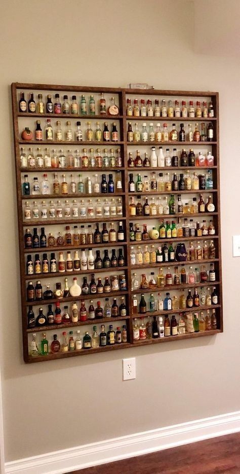 Displaying Bottles Ideas, Mini Liquor Bottles Display, Alcohol Bottle Display, Miniature Alcohol Bottles, Alcohol Display, Liquor Bottle Display, Recycled Material Art, Hangout Space, Wine Bottle Display