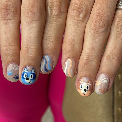 I’m so proud of these, I’m screaming😭 her son’s birthday party was this weekend, can you guess what the theme was??😉💙✨ . #nails #nailday #nailartdesign #nailinspo #nailinspiration #bluey #blueynails #birthdaynails #nailsnailsnails #michigannails Bluey Nails Design, Blippi Nails, Bluey Show Nails, Bluey Themed Nails, Gabby Dollhouse Nails, Bingo Nails, Bluey And Bingo Nails, Cartoon Nail Ideas, Cartoon Themed Nails