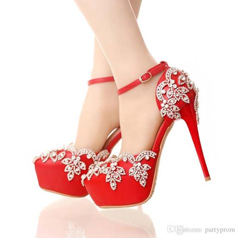 High Heels For Wedding, Wedding Dresses With Bling, Bling High Heels, Heels For Wedding, Red Bridal Shoes, Colour Shoes, Red Wedding Shoes, Rhinestone Wedding Shoes, Hak Tinggi