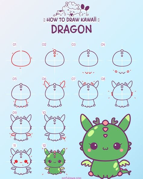 @mofukawa posted to Instagram: Here's another 12 step lesson to try. Today it's a cute dragon. Change the colors to completely change the look/feel of the dragon. Easy for kids & beginners. Step by Step Instructions + Video can be found on our website https://www.mofukawa.com ⁣#dragons #cutedragon #mofukawa #draw_art #kawaii l #markers #arts_help #sharingart #artistic_nation #coloredpencils #artistic_share #tutorial #arts_secret #howtodraw #artofdrawingg Storyboard Inspiration, Easy Halloween Drawings, Easy Dragon Drawings, Draw Kawaii, Fun Doodles, Chibi Dragon, Drawing Kawaii, Cute Dragon Drawing, Doodle Art For Beginners