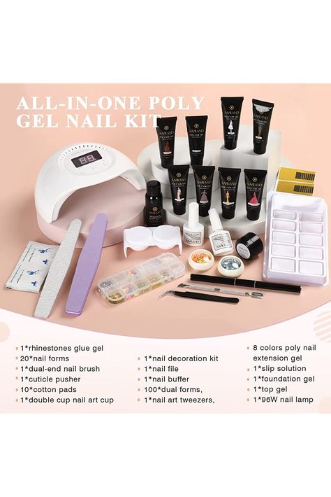 Saviland 8 Colors Poly Nail Gel Kit - Poly Gel Nail Kit with 96W U V Light Classic Colors Nail Extension Gel with Slip Solution Nail Tools All-in-one Manicure Starter Kit for Home DIY Christmas Gifts Nail Tools Kit, Nail Kits For Beginners, Nails Inspiration Summer, Diy Mail, Soak Off Gel Nails, Nail Art At Home, Gel Nail Kit, Nail Polish Kits, Nail Forms