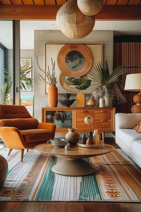 70s Style Living Room Modern, Atomic Ranch Interior, Mid Century Modern Lodge, Mid Century Modern Living Room White, California Aesthetic Home Decor, Mid Century Mediterranean Decor, Space Age Mid Century Modern, Yellow Mid Century Modern, Mid Century Salon Decor