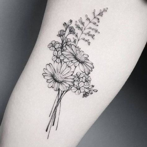 Delicate Flower Tattoo, Daisy Flower Tattoos, Flower Bouquet Tattoo, Bouquet Tattoo, Wildflower Tattoo, Shape Tattoo, Daisy Tattoo, Cat Tattoos, Delicate Tattoo