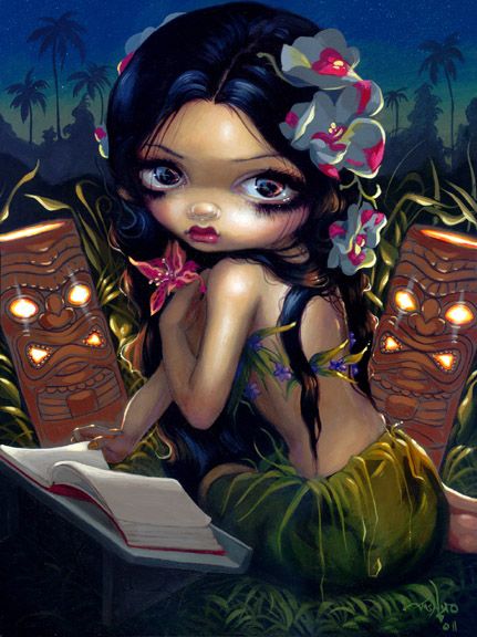 "Amara and the Book" is the Strangeling Sale Print of the month - from only $9.99 at my website =)  Original acrylic painting has been sold, but the prints & canvases are lovely!  #jasminebecketgriffith #strangeling #amara #amberlogan #fantasyart #bigeyes #bigeyeart #bigeyedart #fairy #fairyart #menehune #tiki #tikiart #tikigod #polynesia #polynesian #hawaiian #hawaiianart #hawaii #lowbrowart #popsurrealism #popsurreal #popsurrealist #acrylic #painting #art #artist Tiki Head, Jasmine Becket Griffith, Types Of Fairies, The Joy Of Painting, Big Eyes Art, Butterfly Fairy, Tropical Forest, Fairy Art, Canvas Designs