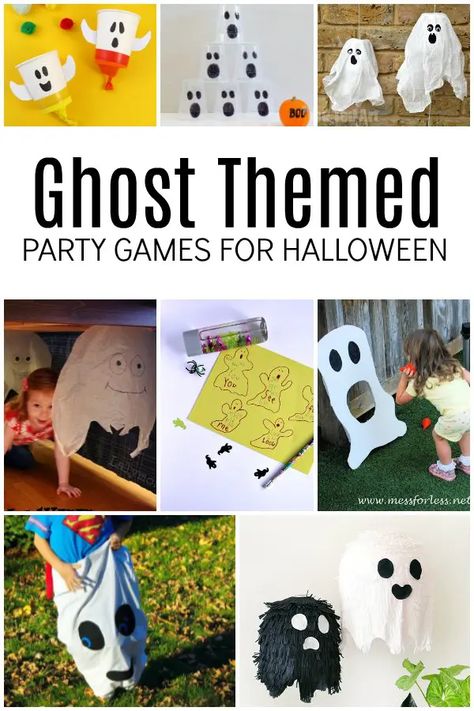 Ghost Themed Party Games for Halloween with Kids Ghost Theme Activities, Ghost Party Decorations, Halloween With Kids, Ghost Theme Party, Last Minute Halloween Party, Games For Halloween, Halloween Party Games For Kids, Easy Halloween Games, Kids Halloween Party Decorations