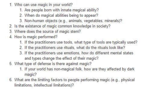 Excellent questions to ask yourself when making a system of magic in your world. I personally like making it at least visually impressive as otherwise I don't think it's very magical. Worldbuilding Magic System, Making A Magic System, Magic Rules Writing, Magic Limitations, How To Make A Magic System, Magic Prompts Writing Ideas, Creating A Magic System, Magic World Building, Magic System Ideas Writing