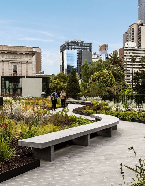 rooftop public garden, australia Street Urban Design, Small Garden Plants, Public Rooftop, Public Garden Design, Public Garden Architecture, Garden Australia, Plaza Design, Park Ideas, Rooftop Design