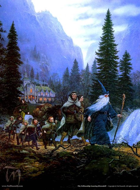 The Fellowship Leaving Rivendell, by Ted Nasmith Ted Nasmith, Tolkien Artwork, Tolkien Illustration, John Howe, Hobbit Art, Tolkien Books, Middle Earth Art, Tolkien Art, Lotr Art