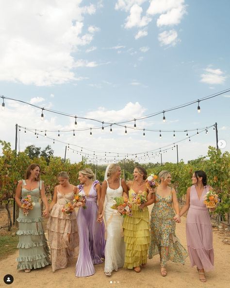 Dark Pastel Bridesmaid Dresses, Rainbow Bridesmaids Dresses, Whimsical Garden Bridesmaid Dresses, Wedding Bridesmaid Dresses Colorful, Different Textured Bridesmaid Dresses, Two Bridesmaids Only, Maximalist Bridesmaid Dresses, Coordinated Bridesmaid Dresses, Pastel Rainbow Bridesmaid Dresses