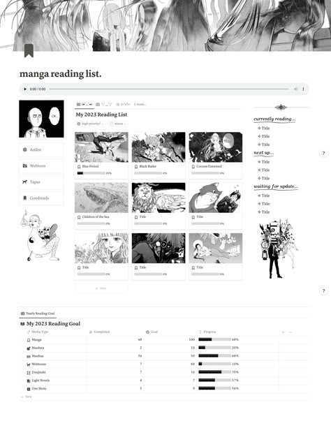 Manga Tracker Notion, Black And White Notion Template, Carrd Inspo Manga, Notion Anime List, Notion Aesthetic Black And White, Notion Manga Template, Music Notion Template, Notion Black And White, Manga Tracker