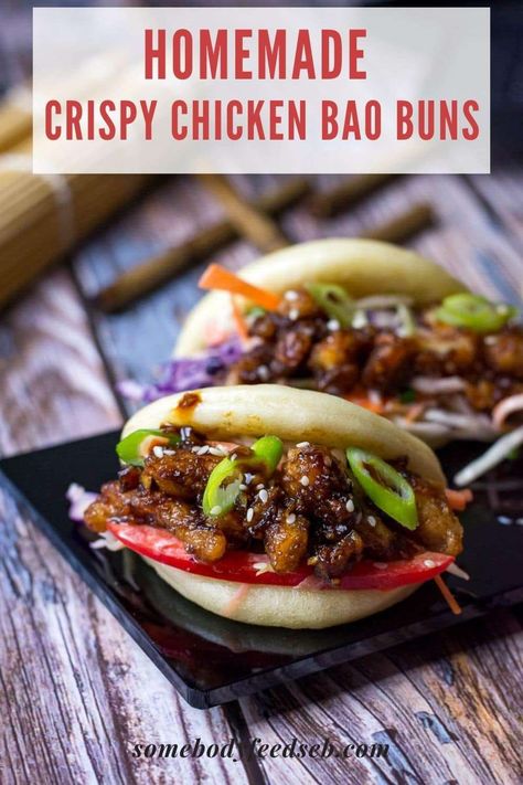 Sticky Crispy Chicken Bao Buns Crispy Chicken Bao Buns, Favourite Appetizer, Chicken Bao Buns, Chinese Bbq Sauce, Crispy Honey Chicken, Steamed Bao, Bao Buns, Asian Inspired Dishes, Bbq Sauce Recipe